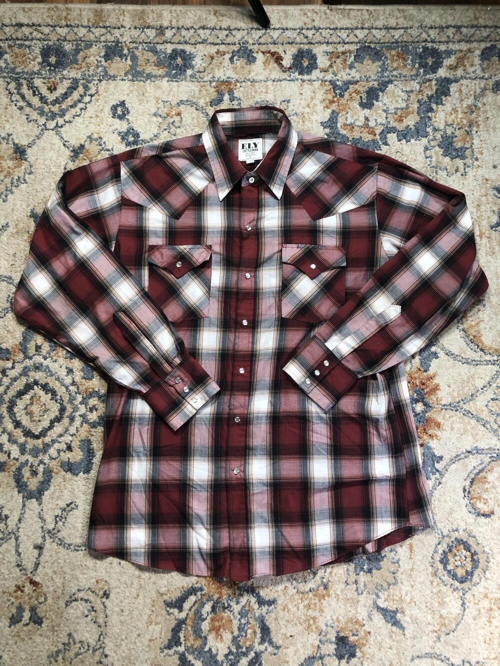 Ely Cattleman Shirt Mens Large Red Plaid Long Sleeve Western Pearl Snap Pockets